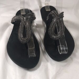 Schulz Women’sBlack Onyx Crystals Bohemian Style Brazilian Leather Thong Sandal